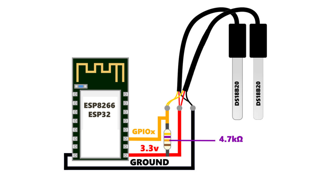 DIY ESP32 waterproof double probe temperature sensor with dallas DS18B20 sensors wiring diagram