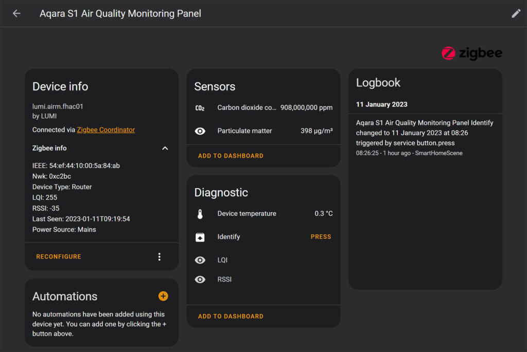 Aqara S1 Air Quality Monitoring Panel KQJCMB11LM ZHA and Exposed Entities