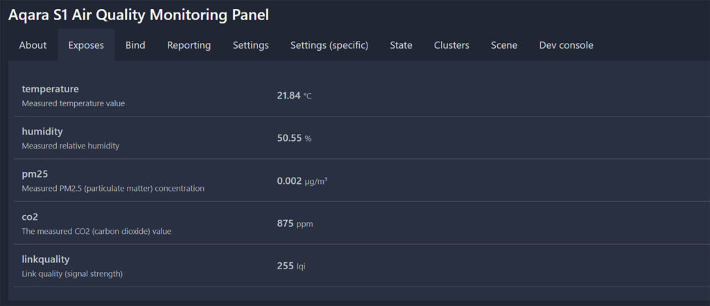 Aqara S1 Air Quality Monitoring Panel KQJCMB11LM in Zigbee2MQTT exposed entities