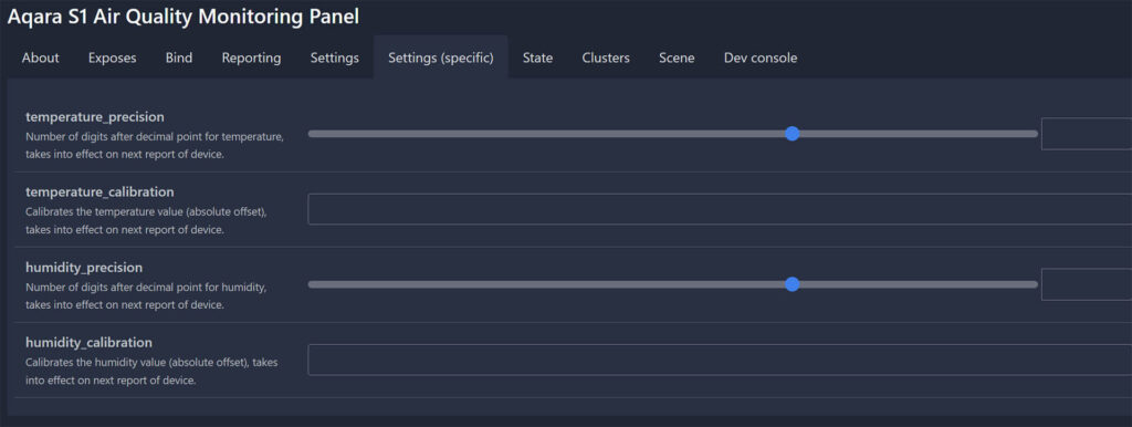 Aqara S1 Air Quality Monitoring Panel KQJCMB11LM in Zigbee2MQTT, specific settings and calibration