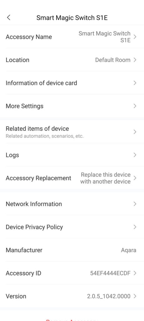 Aqara S1E Smart Magic Switch Settings Menu