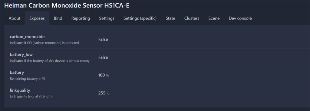 Heiman Carbon Monoxide Sensor HS1CA-E Zigbee2MQTT exposed entities