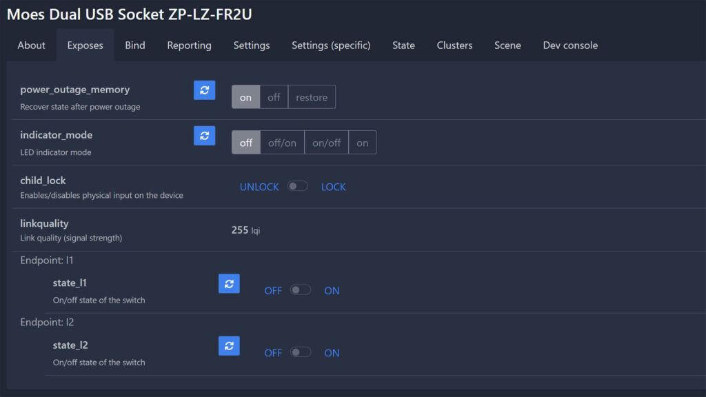 Moes Dual USB Zigbee Smart Socket Plug model ZP-LZ-FR2U Zigbee2MQTT exposed entities