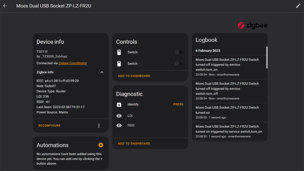 Moes Dual USB Zigbee Smart Socket Plug model ZP-LZ-FR2U ZHA Home Assistant