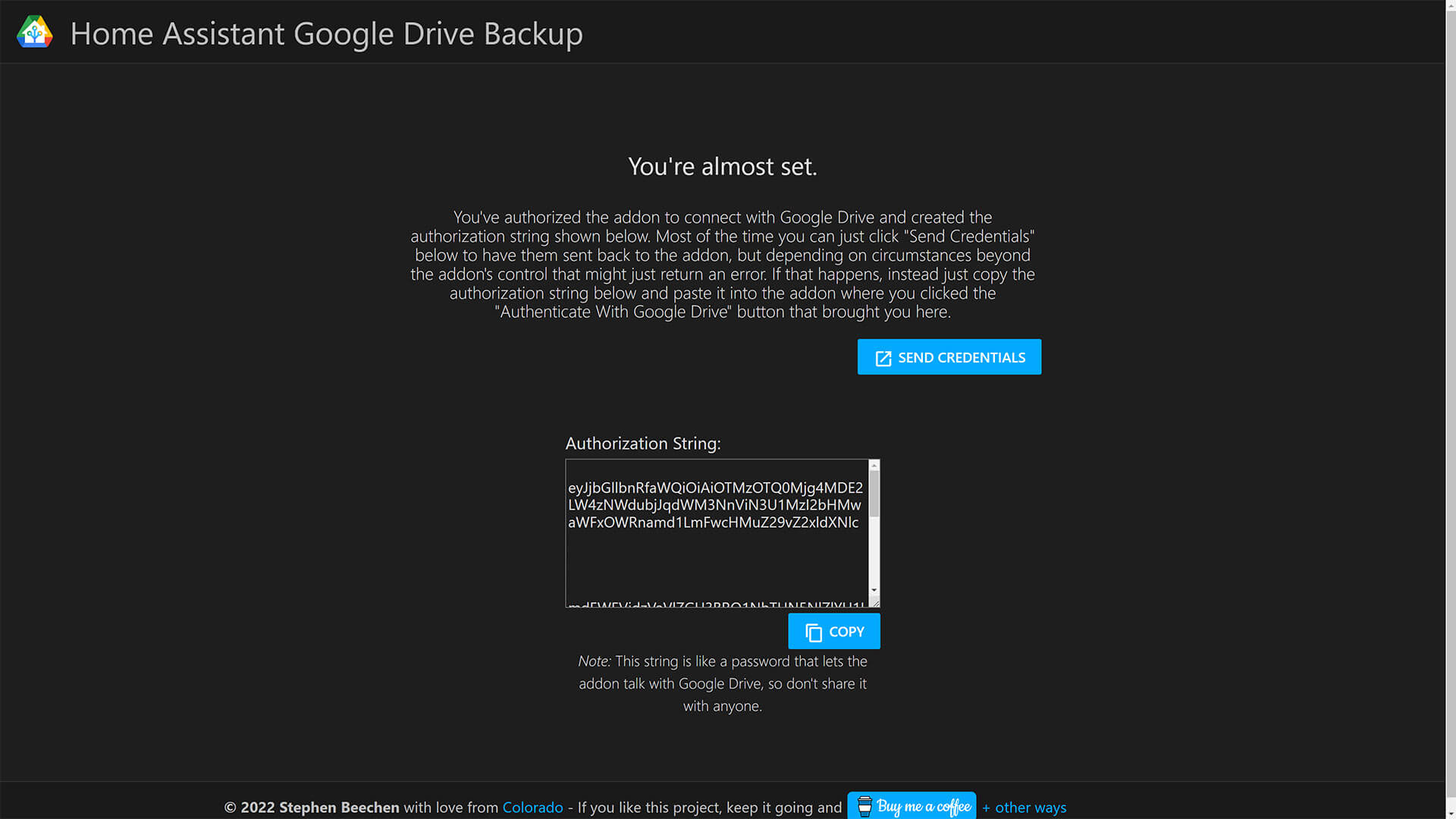 Home Assistant Google Drive Backup Add-on Authorization String