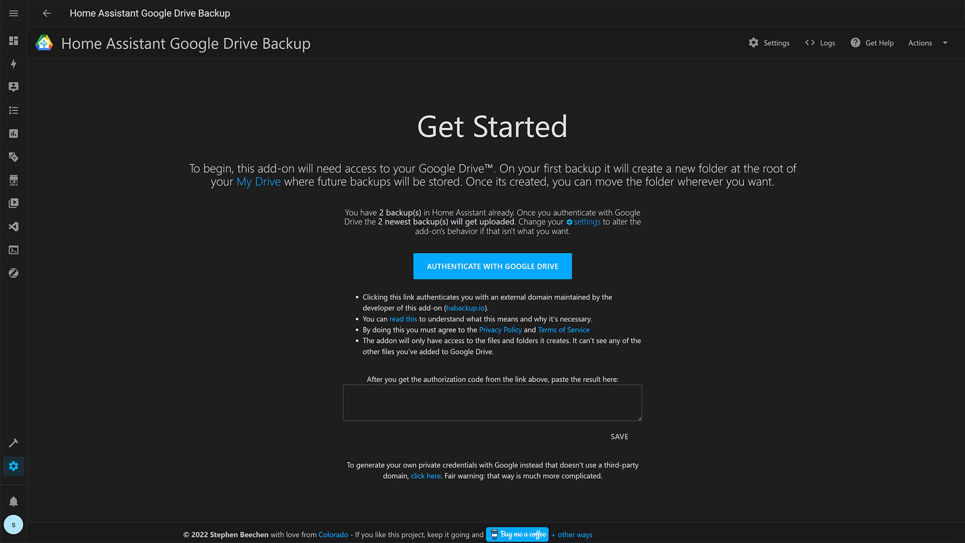 Home Assistant Google Drive Backup Add-on Welcome Screen