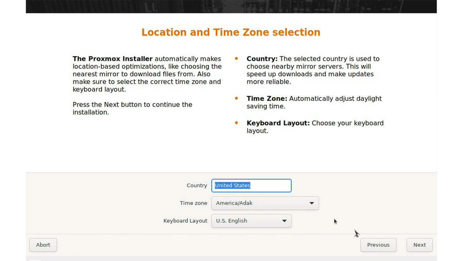 Proxmox Home Assistant Install Screen Step 2 Location and Time Zone