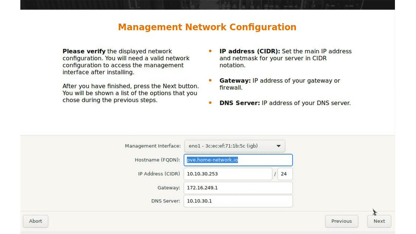 Proxmox Home Assistant Install Screen Step 4 Network Configuration