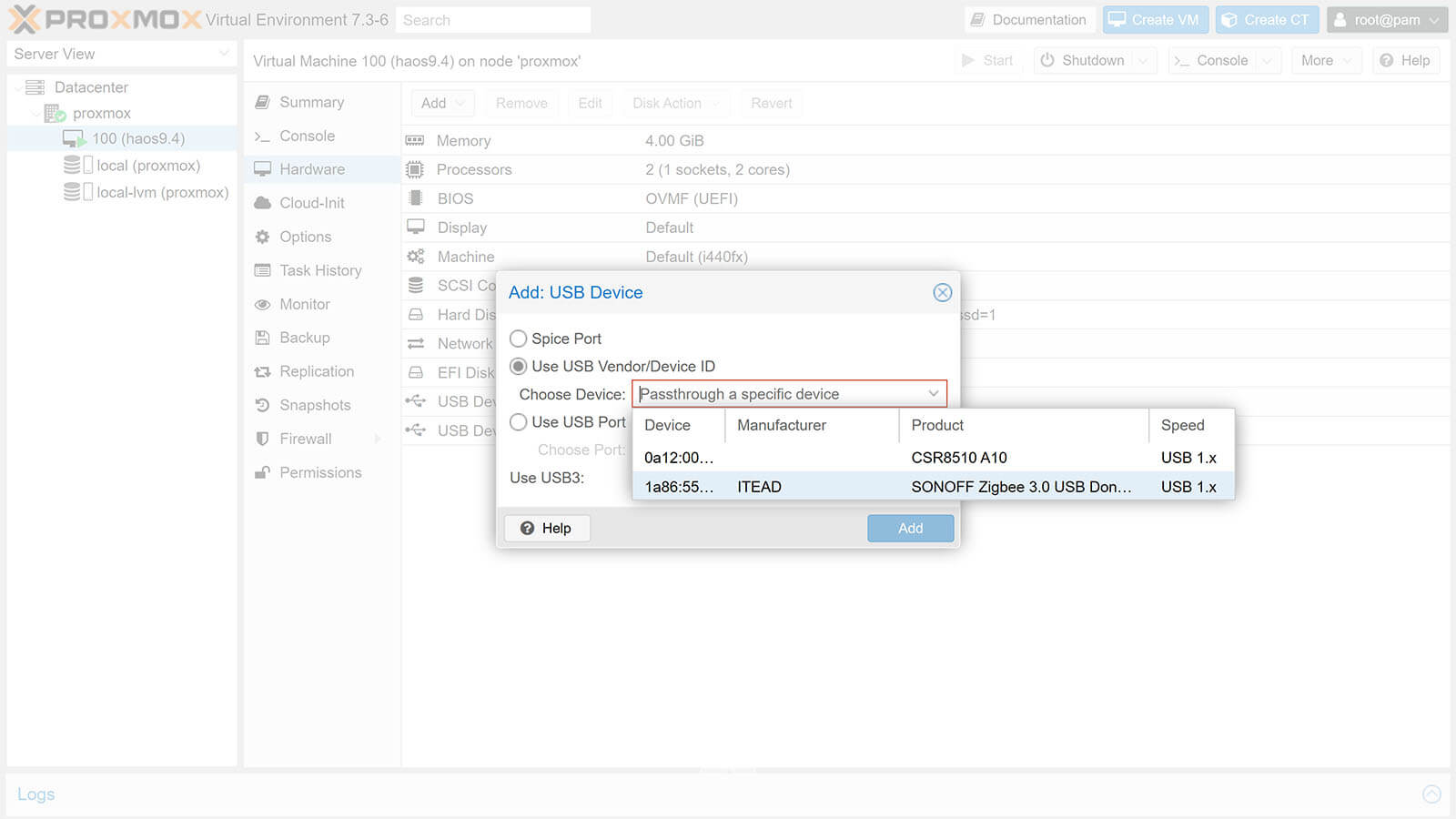 Proxmox Home Assistant USB Passthrough Zigbee Z-Wave Dongle