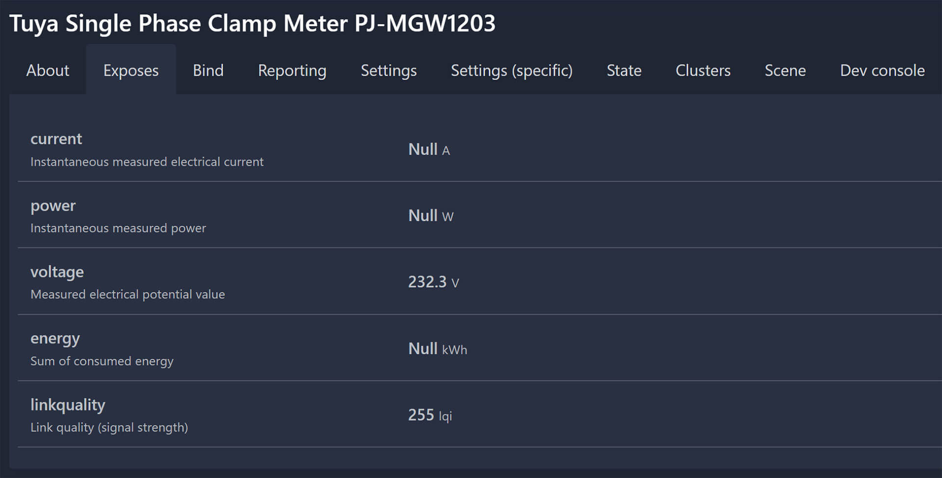 Tuya Zigbee Single CT Clamp Zigbee2MQTT Entities