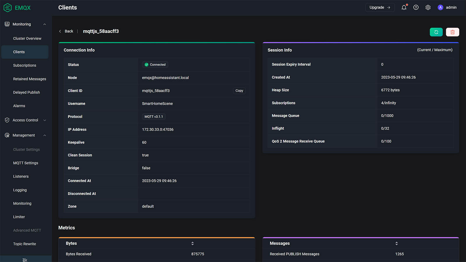 EMQX MQTT Home Assistant Clients Detailed Overview