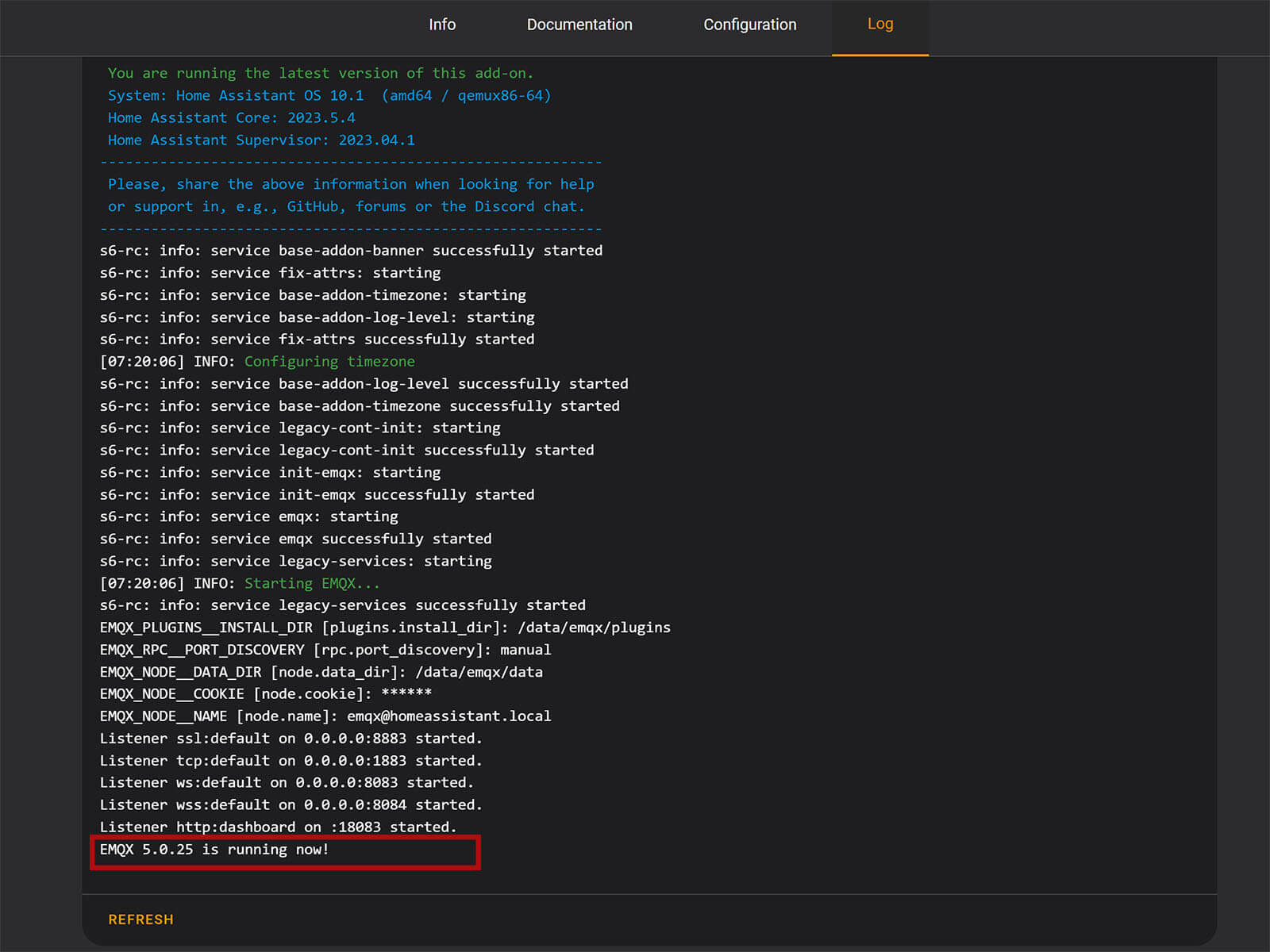 EMQX MQTT Home Assistant Installation Step 4 Started