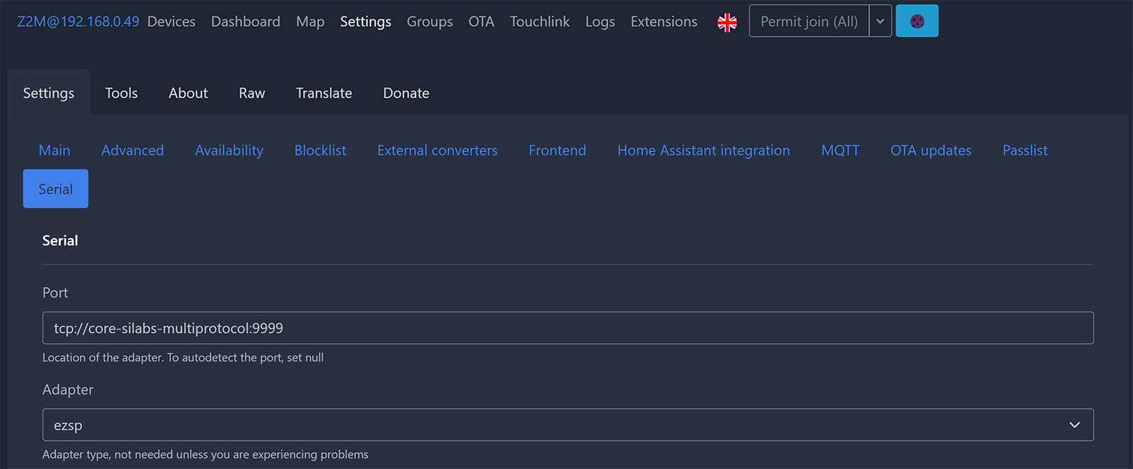 Thread Support Sonoff ZBDongle-E Zigbee2MQTT Serial