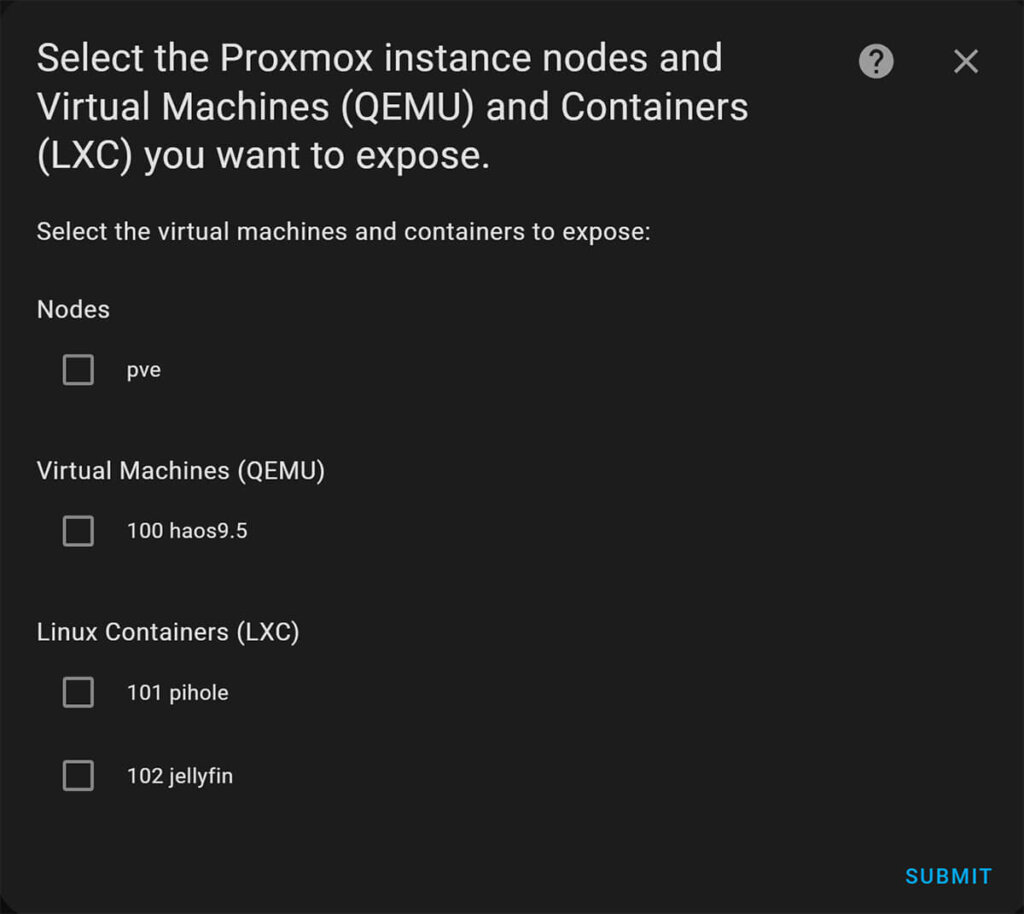 Configuring ProxmoxVE Integration in Home Assistant Select VMs and LXC Containers