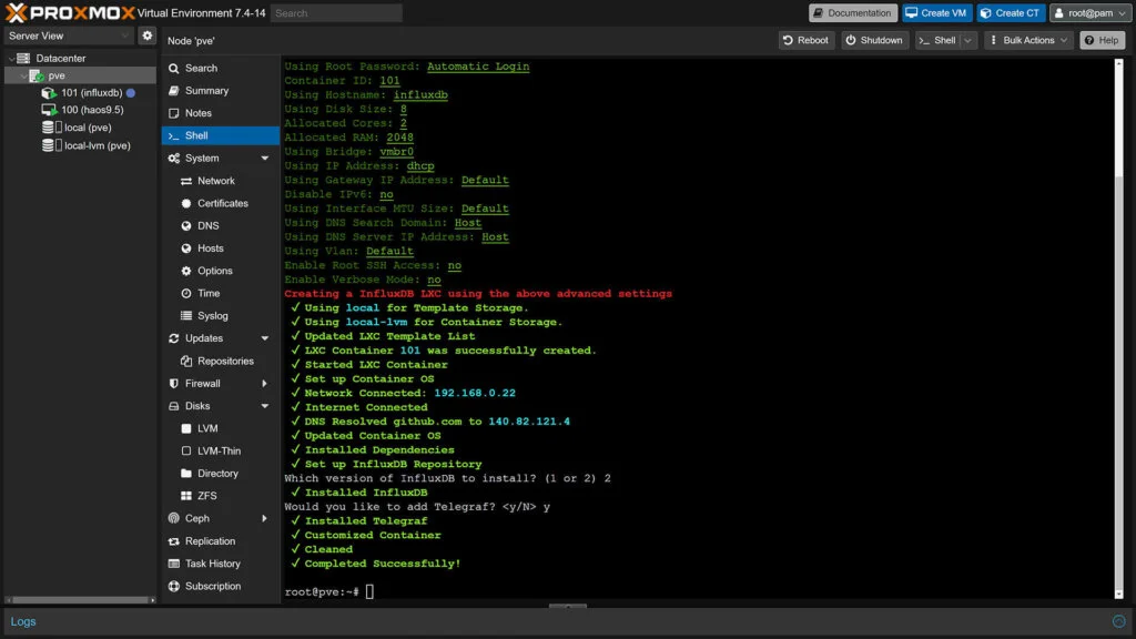 Install InfluxDB LXC on Proxmox for Home Assistant: Finish