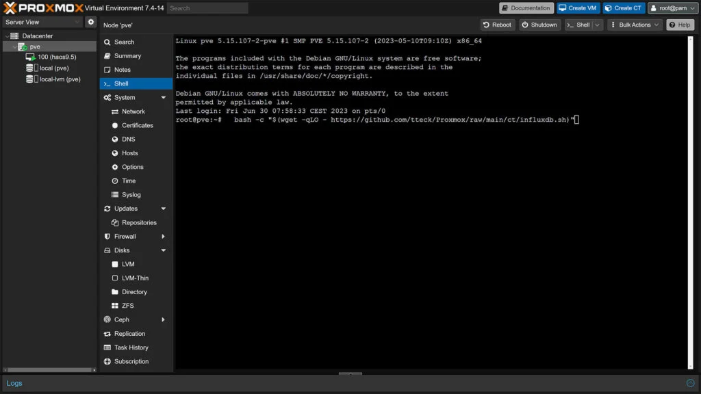 Install InfluxDB LXC on Proxmox for Home Assistant: Run Command