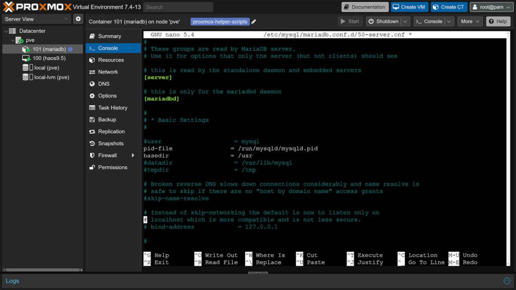 Allow Remote Connection to MariaDB LXC on Proxmox Bind Address