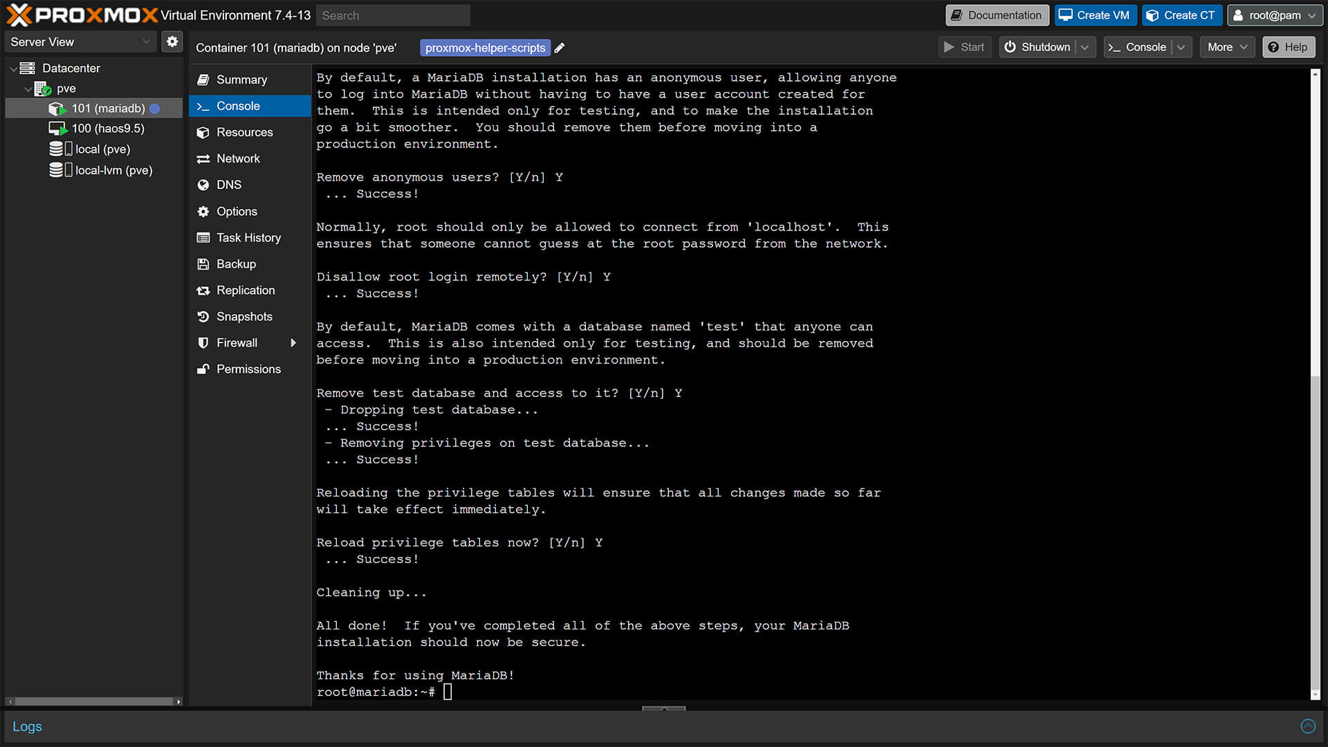 MariaDB LXC on Proxmox Running the Security Script