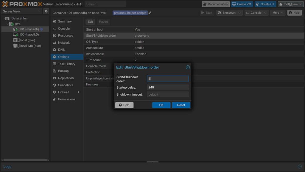 MariaDB LXC Container on Proxmox Setting Boot Order