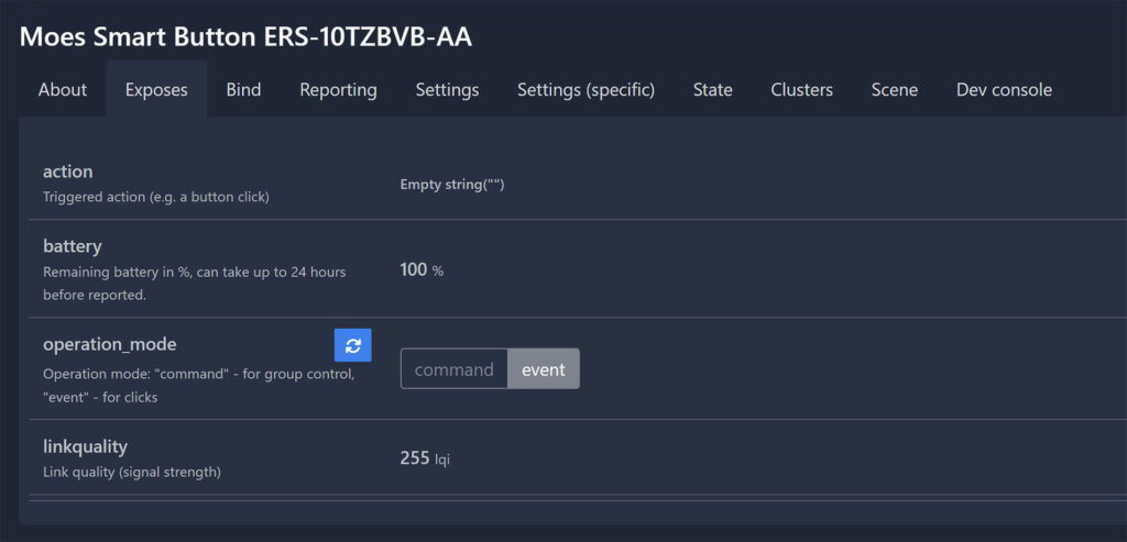 Moes Zigbee Smart Button ERS-10TZBVB-AA Zigbee2MQTT Entities