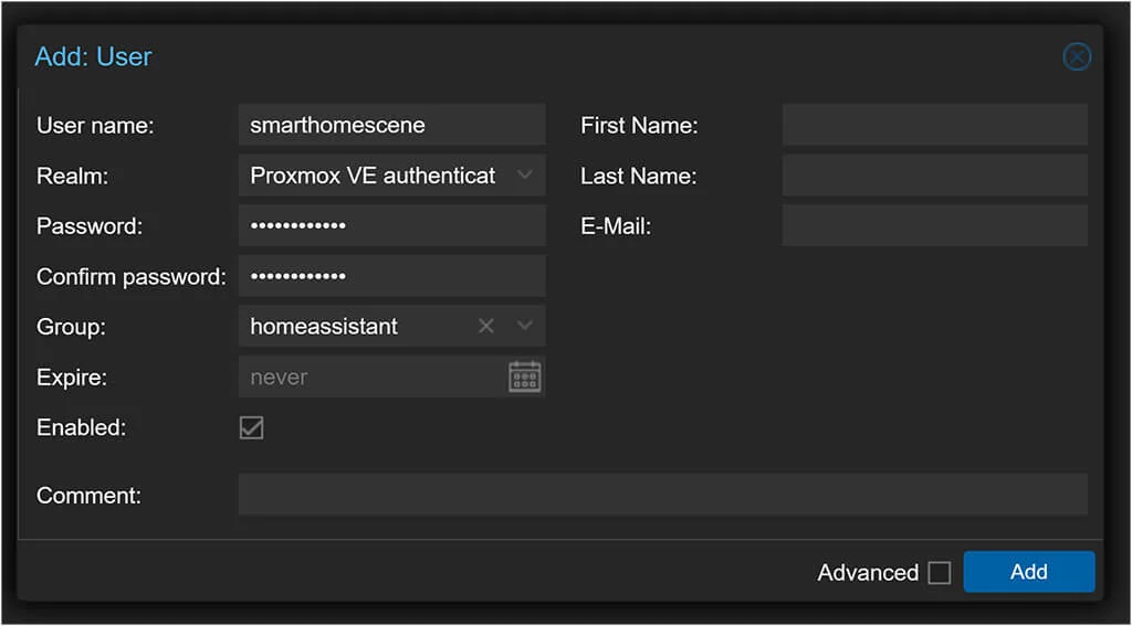 Monitor Proxmox from Home Assistant Create User and Password