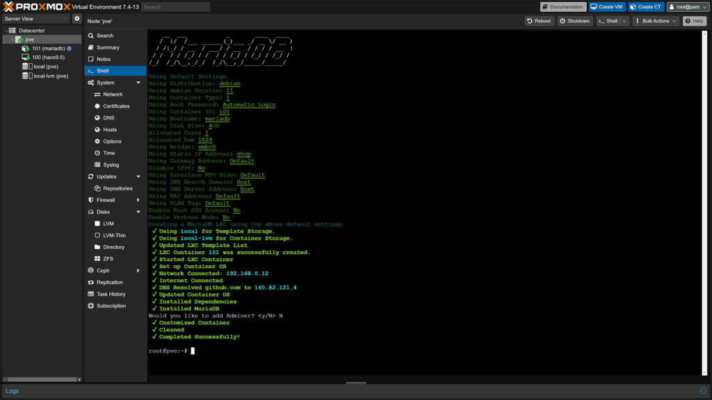 Installing MariaDB LXC Container on Proxmox with a Script: Done