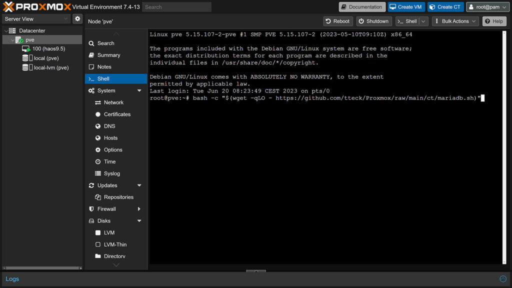 Installing MariaDB LXC Container on Proxmox with a Script: Command