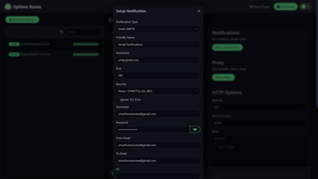 Uptime Kuma Add-on in Home Assistant Email Notifications