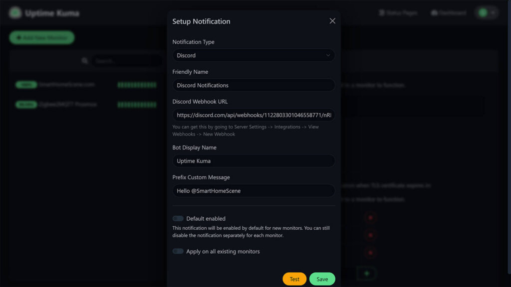 Uptime Kuma Add-on in Home Assistant Discord Notification Test