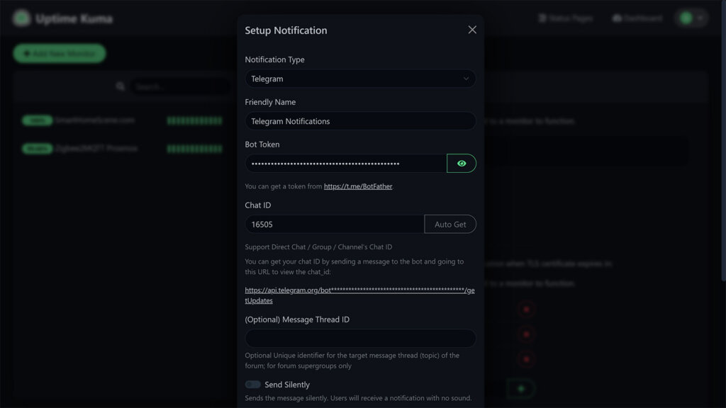 Uptime Kuma Add-on in Home Assistant Telegram Notifications