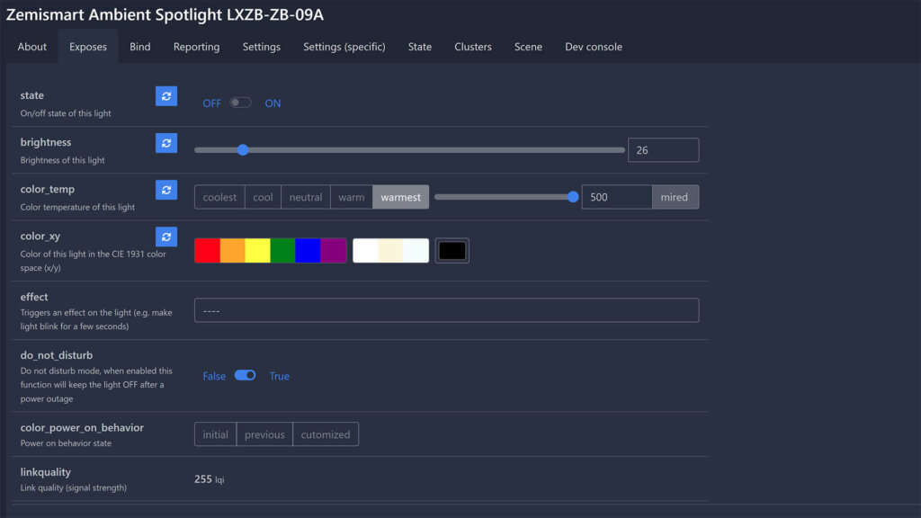 Zemismart Ambient Spotlight LXZB-ZB-09A Zigbee2MQTT Entities