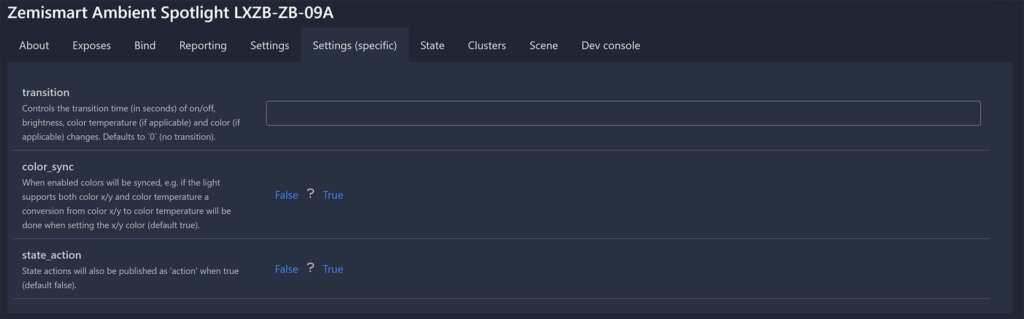 Zemismart Ambient Spotlight LXZB-ZB-09A Zigbee2MQTT Settings