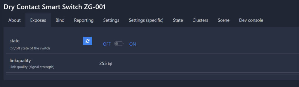 Zigbee Dry Contact Relay ZG-001 Zigbee2MQTT Entities