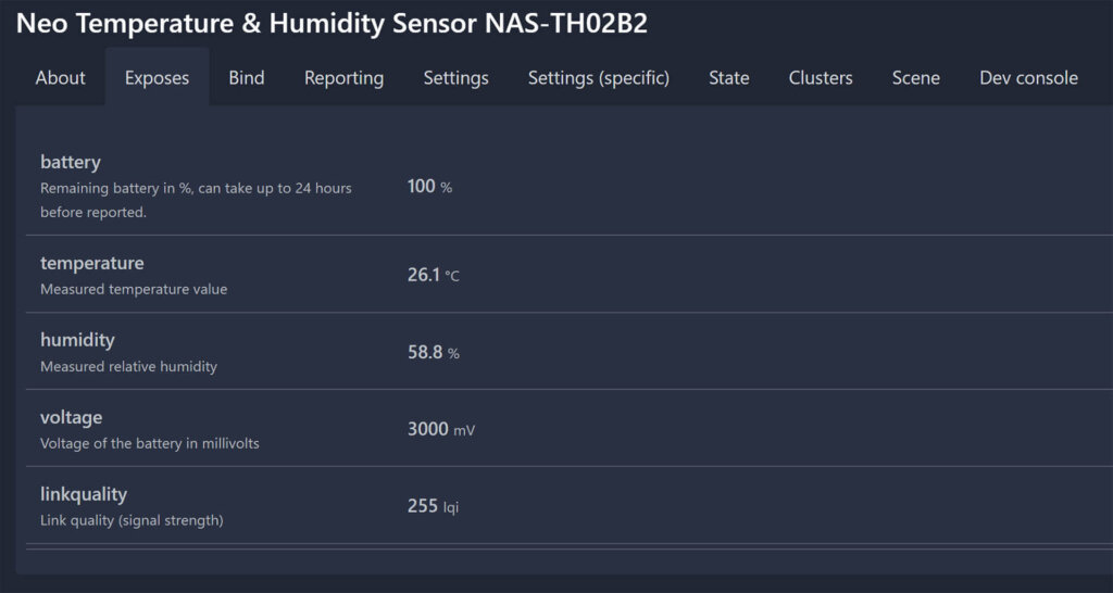 Neo NAS-TH02B2 Zigbee Climate Sensor Zigbee2MQTT Exposes