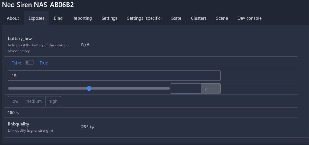 Neo Zigbee Solar Powered Alarm Siren NAS-AB06B2 Zigbee2MQTT Exposes