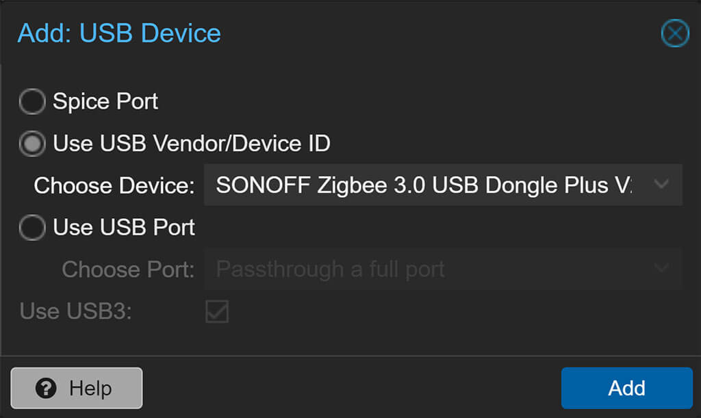USB Passthrough Proxmox Home Assistant: Add USB Device ID