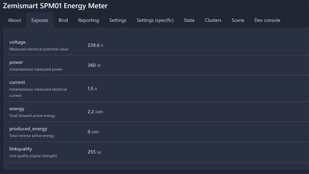 Zemismart SPM01 Energy Meter Zigbee2MQTT Entities