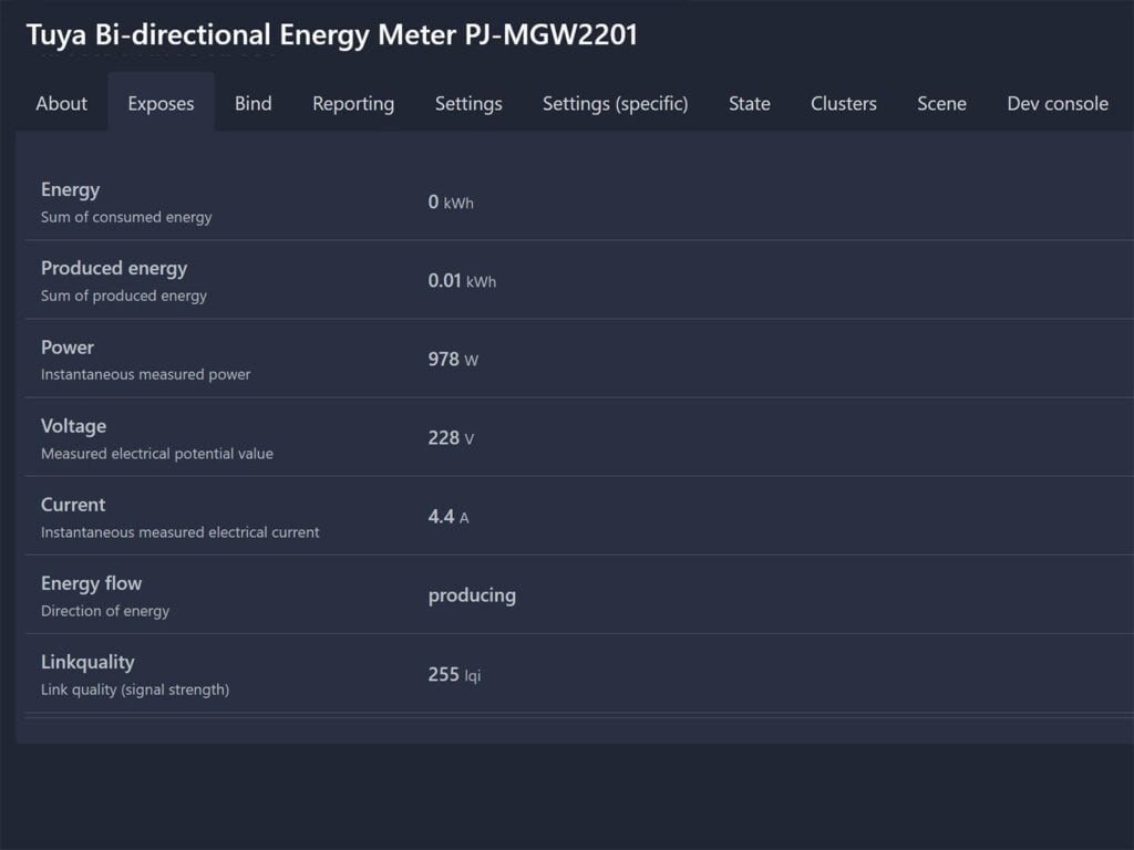 Tuya Zigbee Bidirectional Energy Meter 150A PJ-MGW2201 Zigbee2MQTT Entities