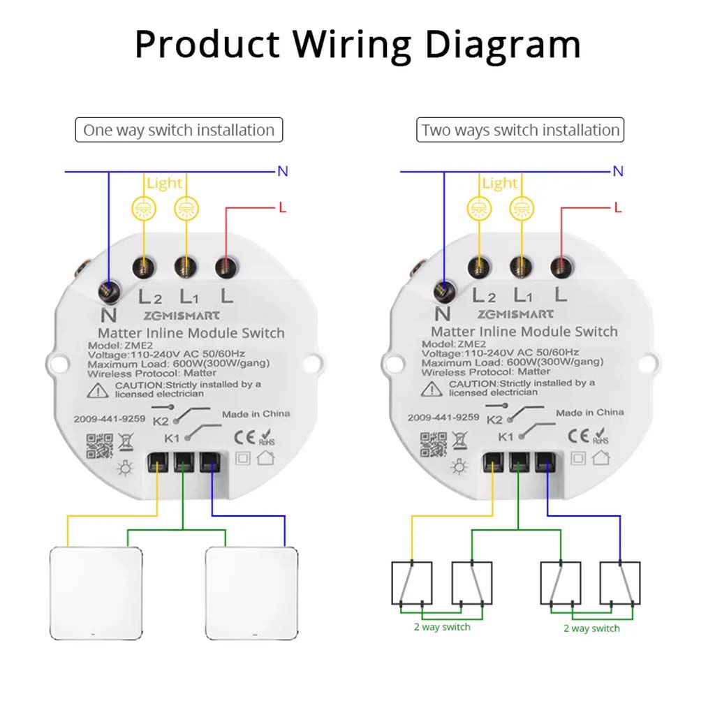 Zemismart Matter Dual Smart Swtich Module ZME2 - Wiring Diagram