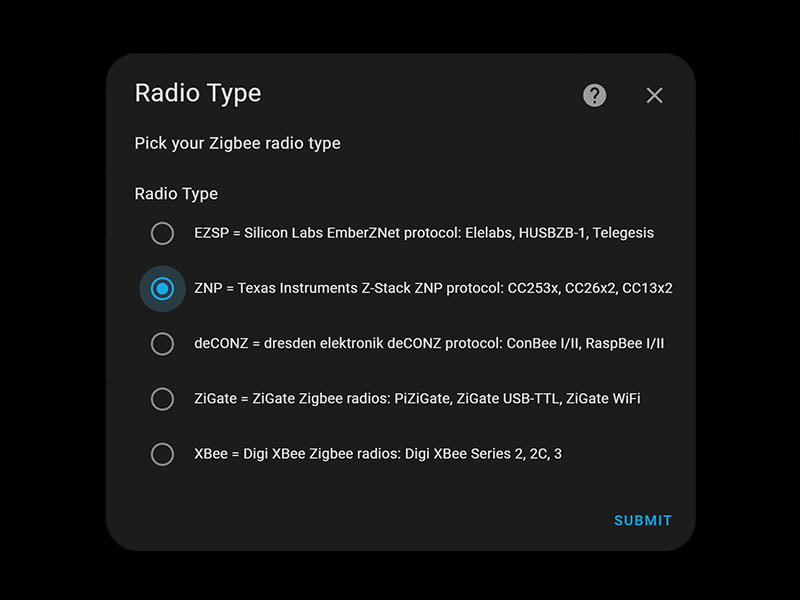 ZigStar UZG-01 Coordinator ZHA Integration Select Radio Type