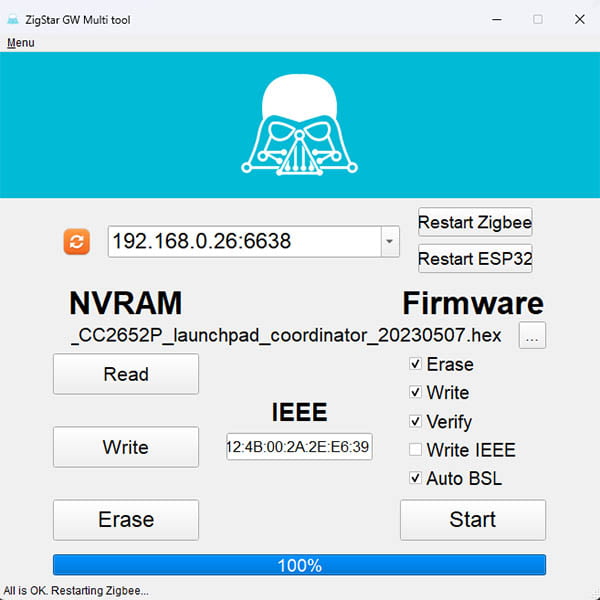 ZigStar UZG-01 Coordinator Web Dashboard Flashing CC2652P - Step4 Done