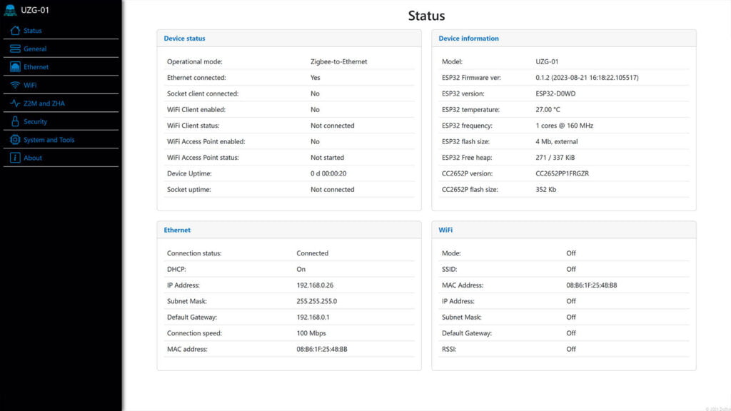 ZigStar UZG-01 Coordinator Web Dashboard