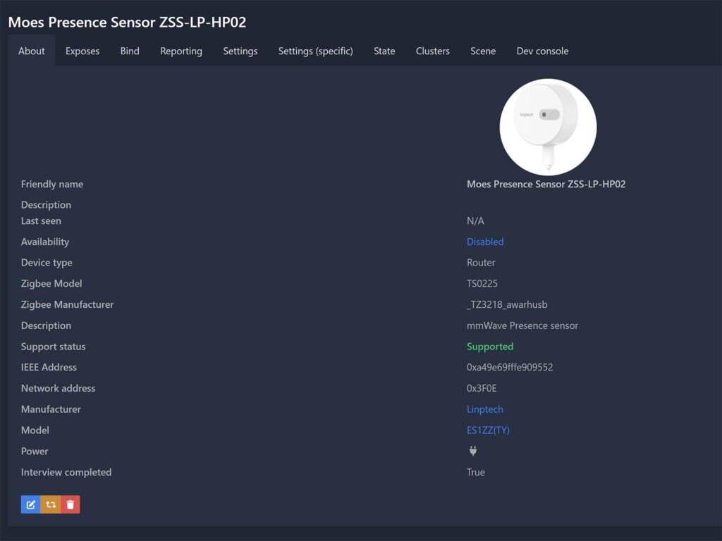 Moes ZSS-LP-HP02/Linptech ES1ZZ Presence Sensor Zigbee2MQTT