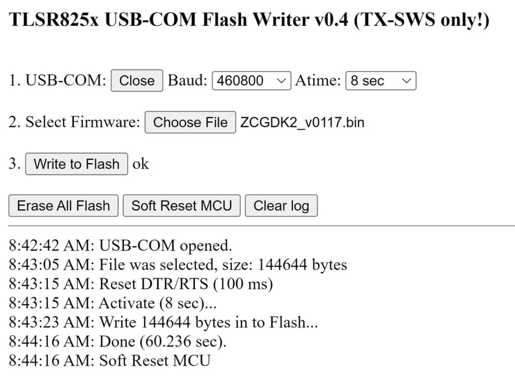 Converting Qingping CGDK2 from Bluetooth to Zigbee TX-SWS Web Flasher