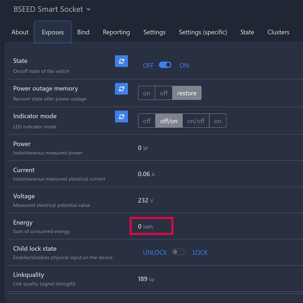 Reset Device Energy Meter Zigbee2MQTT Smart Socket - After Reset