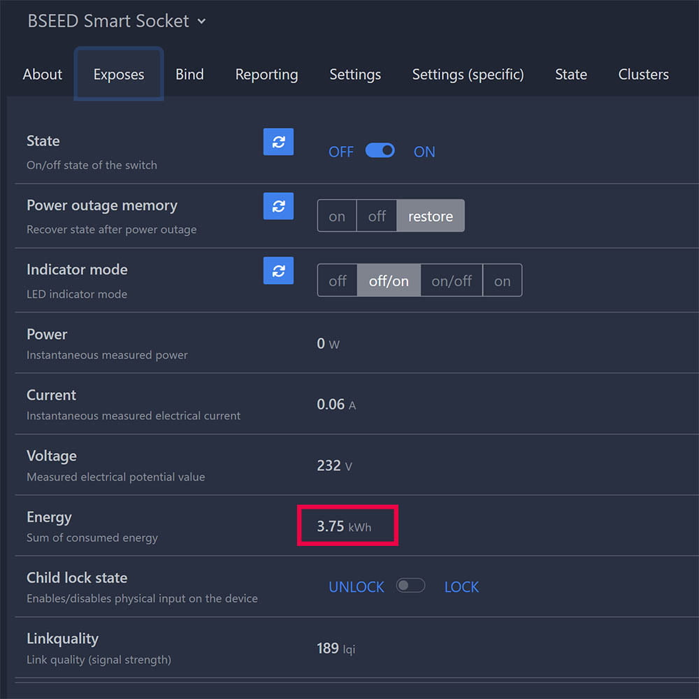 Reset Device Energy Meter Zigbee2MQTT Smart Socket - Before Reset