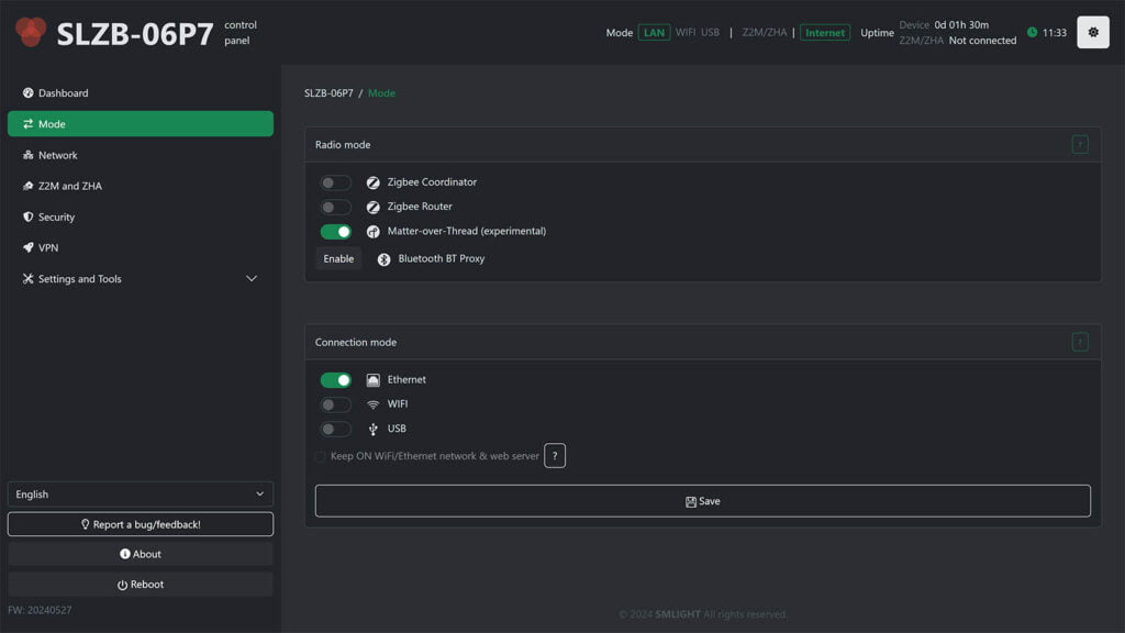 SMLight SLZB-06 Zigbee/Thread Coordinators Review: Web Dashboard Thread Mode