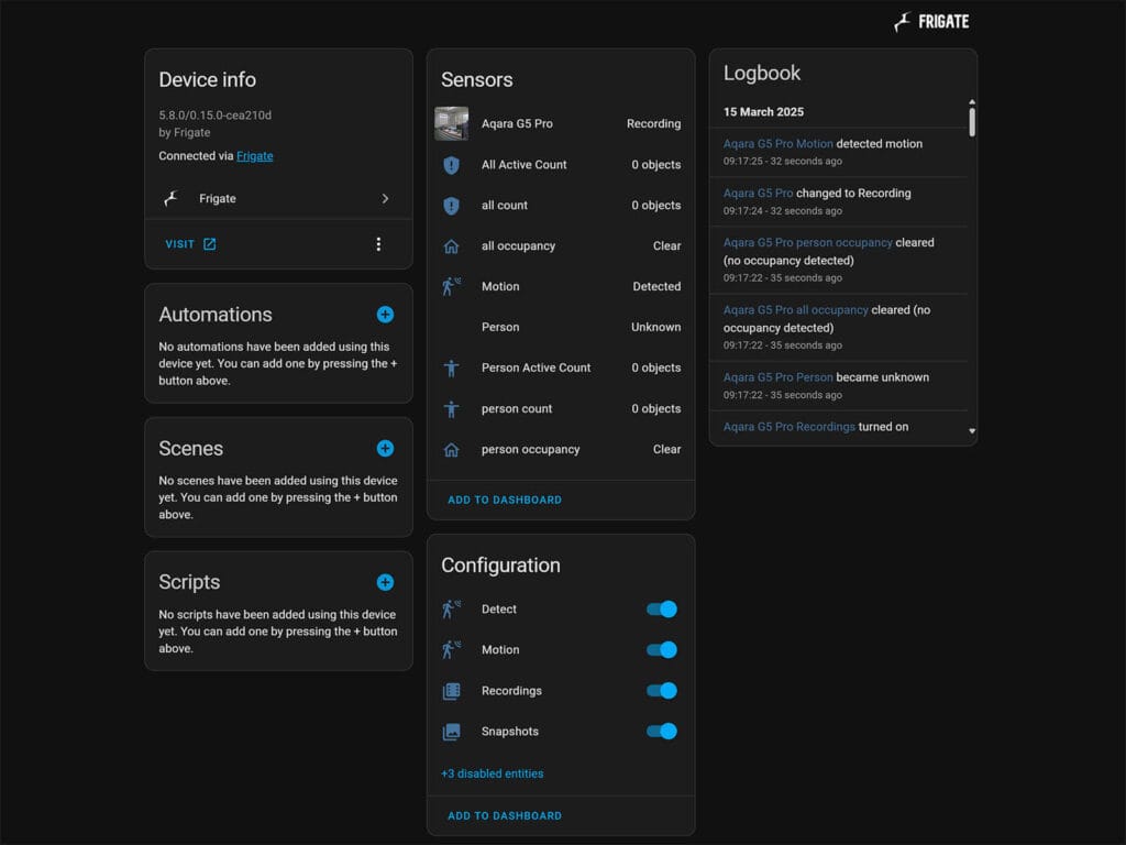 Aqara G5 Pro Camera added to Home Assistant via Frigate Integration