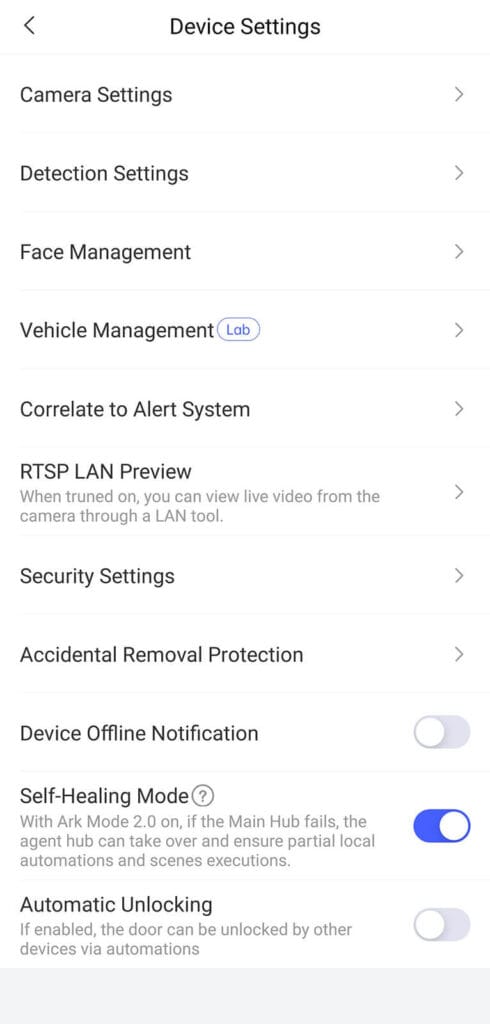 Aqara G5 Pro Camera Device Settings in the App