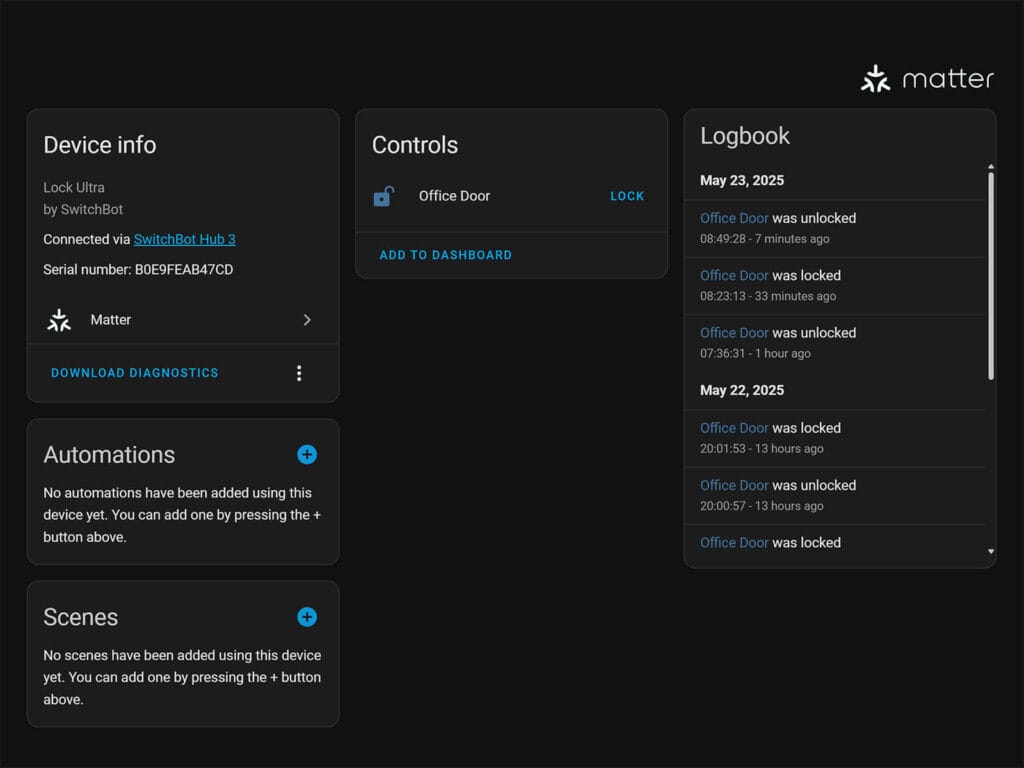 SwitchBot Lock Ultra SmartHomeScene Review: Home Assistant Integration via Matter